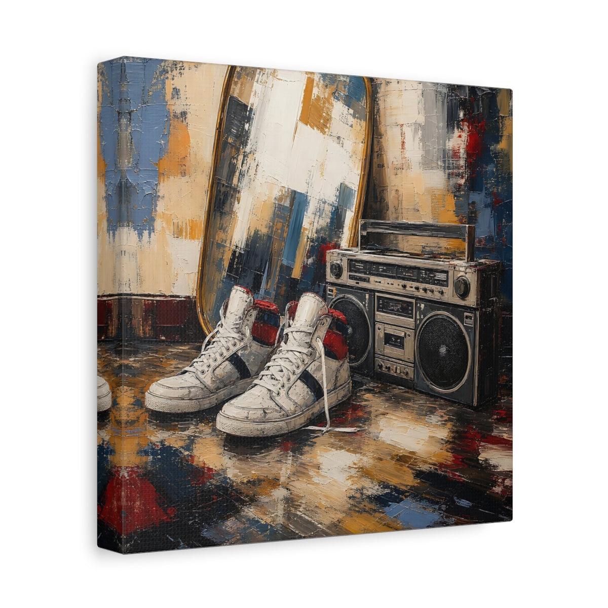 Side Mockup 9. Retro Sneakers And Boombox shown as canvas print