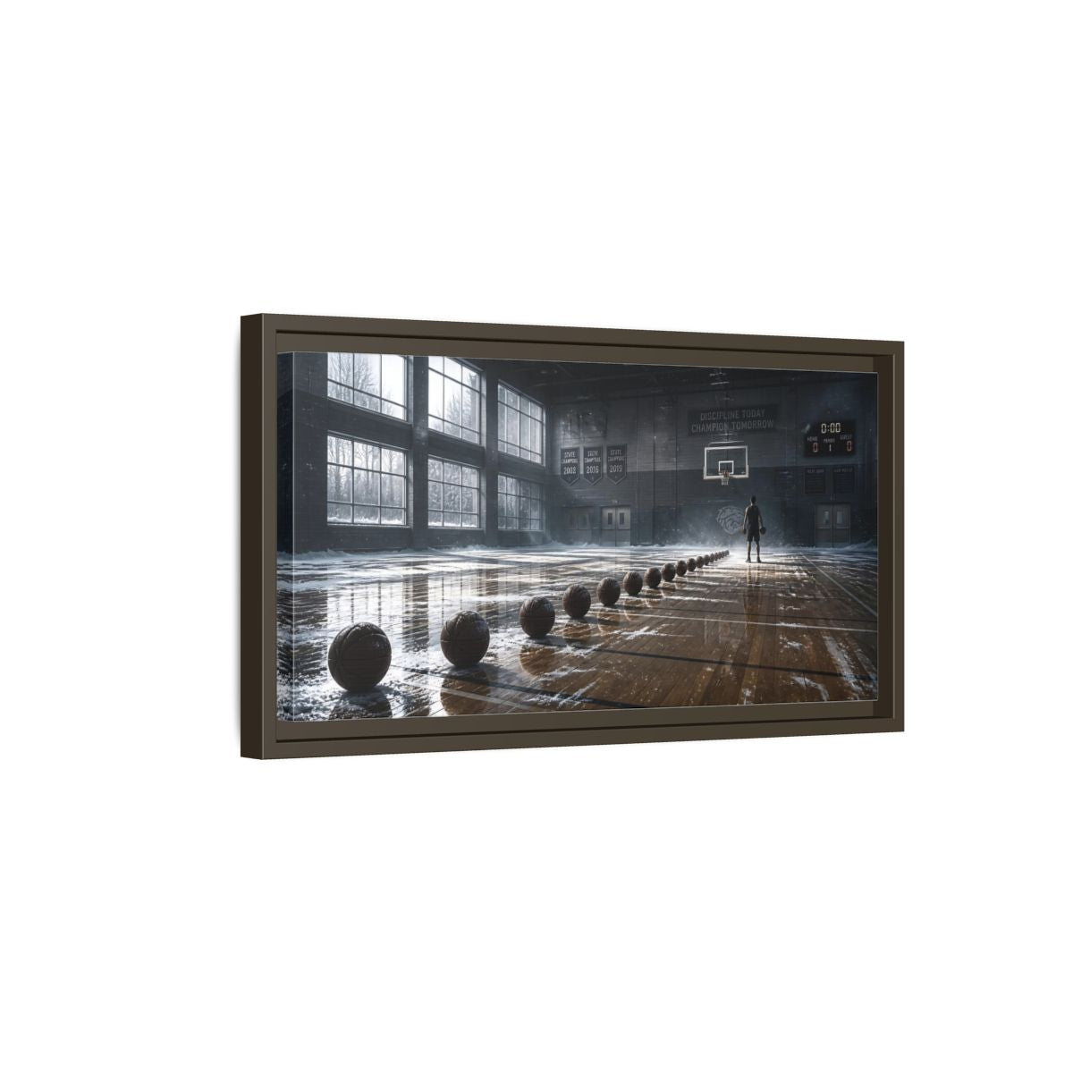 Side Mockup 7. Rim-Lit Basketball Practice shown as framed canvas print