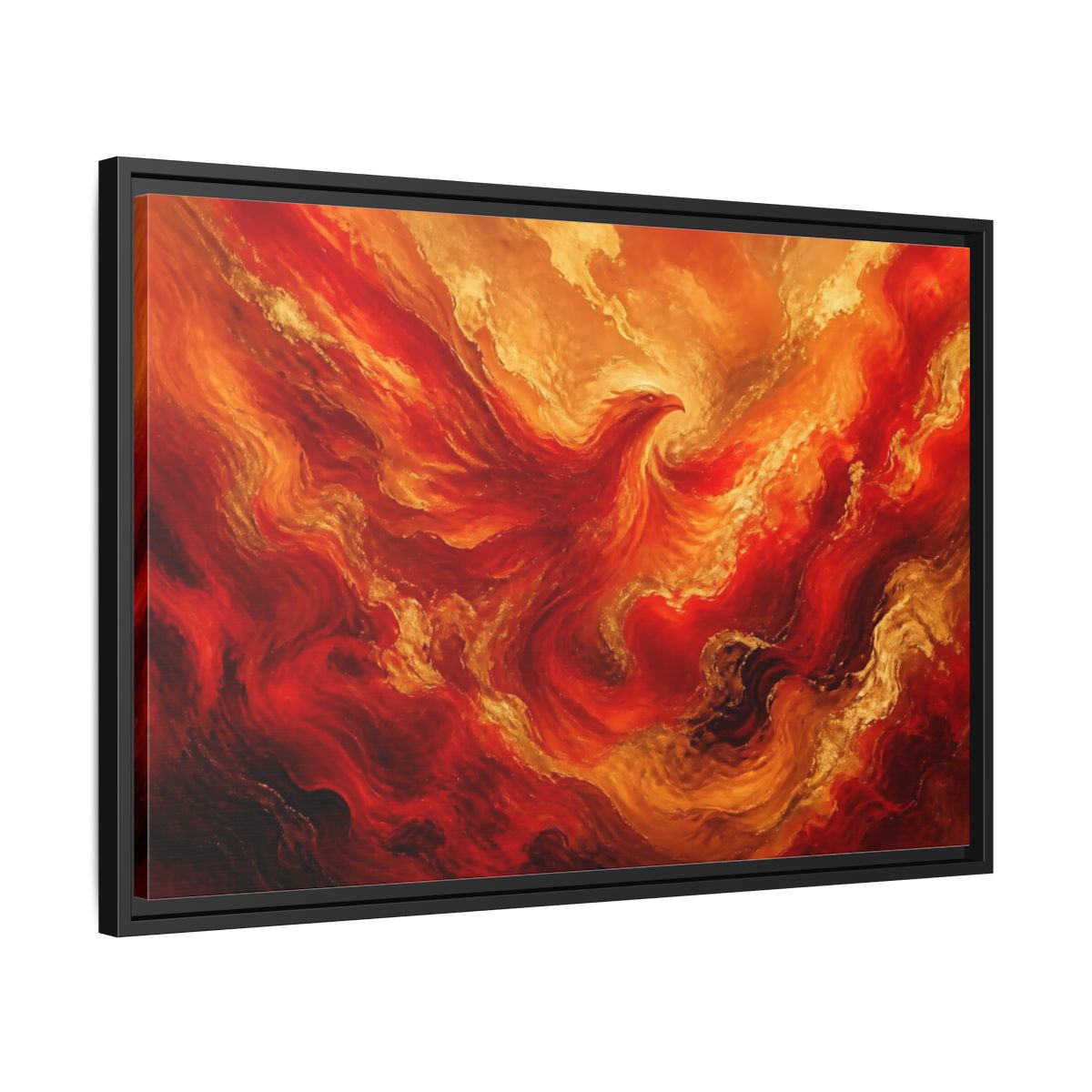 Side Mockup 14. Rising Ember Phoenix shown as framed canvas print