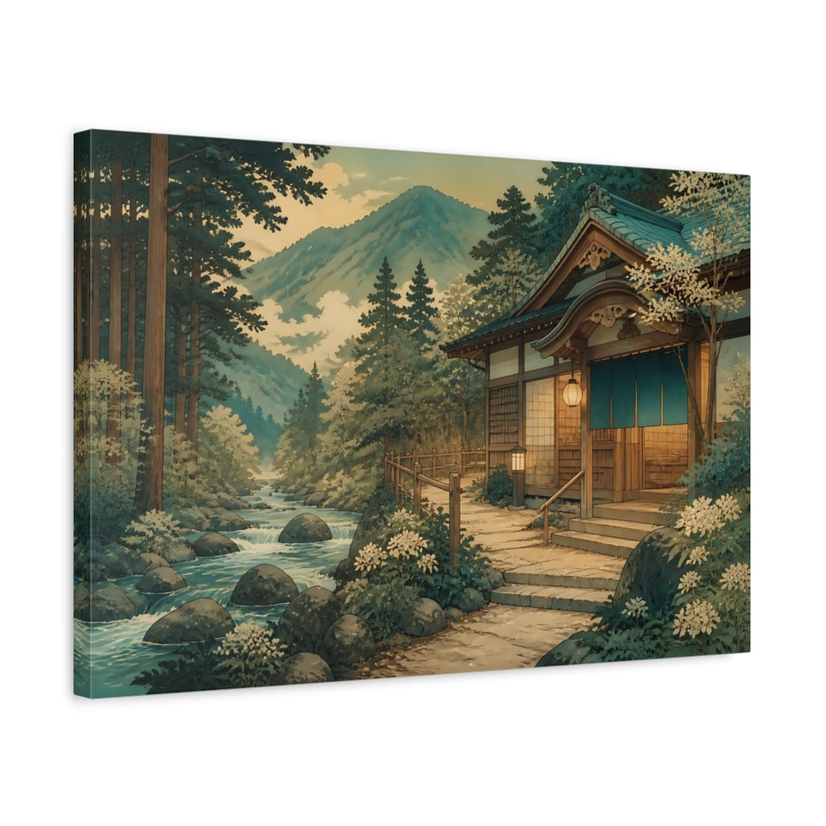 Side Mockup 3. Riverside Bathhouse Retreat shown as canvas print