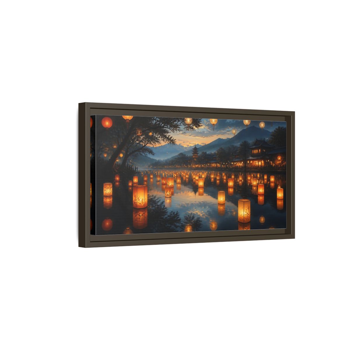 Side Mockup 7. Riverside Lantern Festival shown as framed canvas print