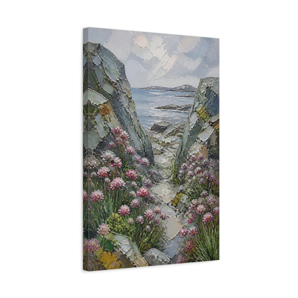 Side Mockup 3. Rocky Seascape With Flowers shown as canvas print