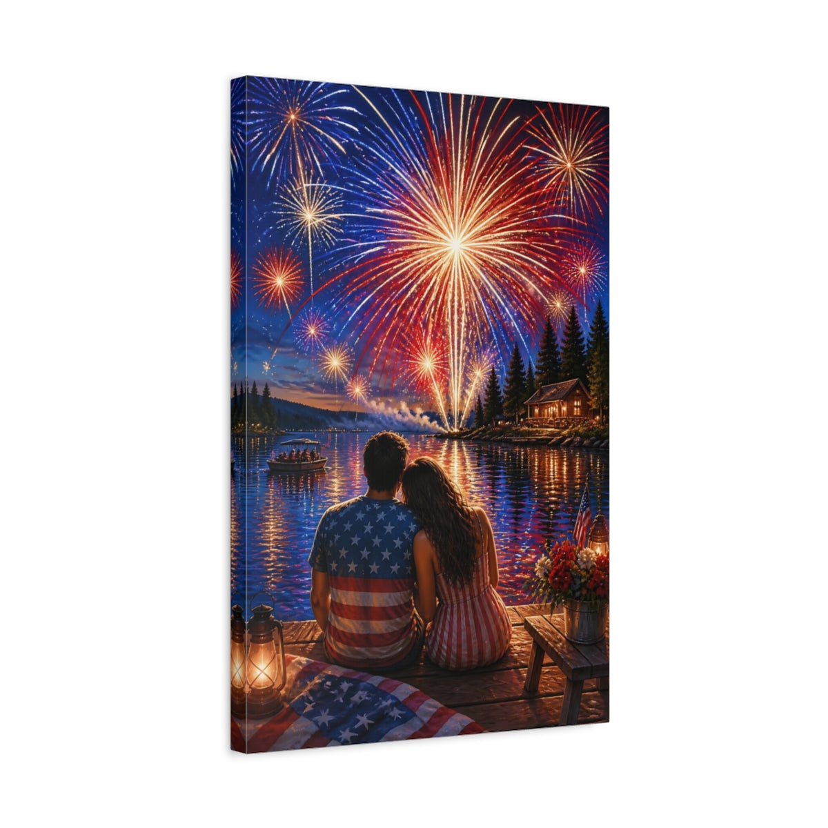 Side Mockup 3. Romantic Lake Fireworks shown as canvas print