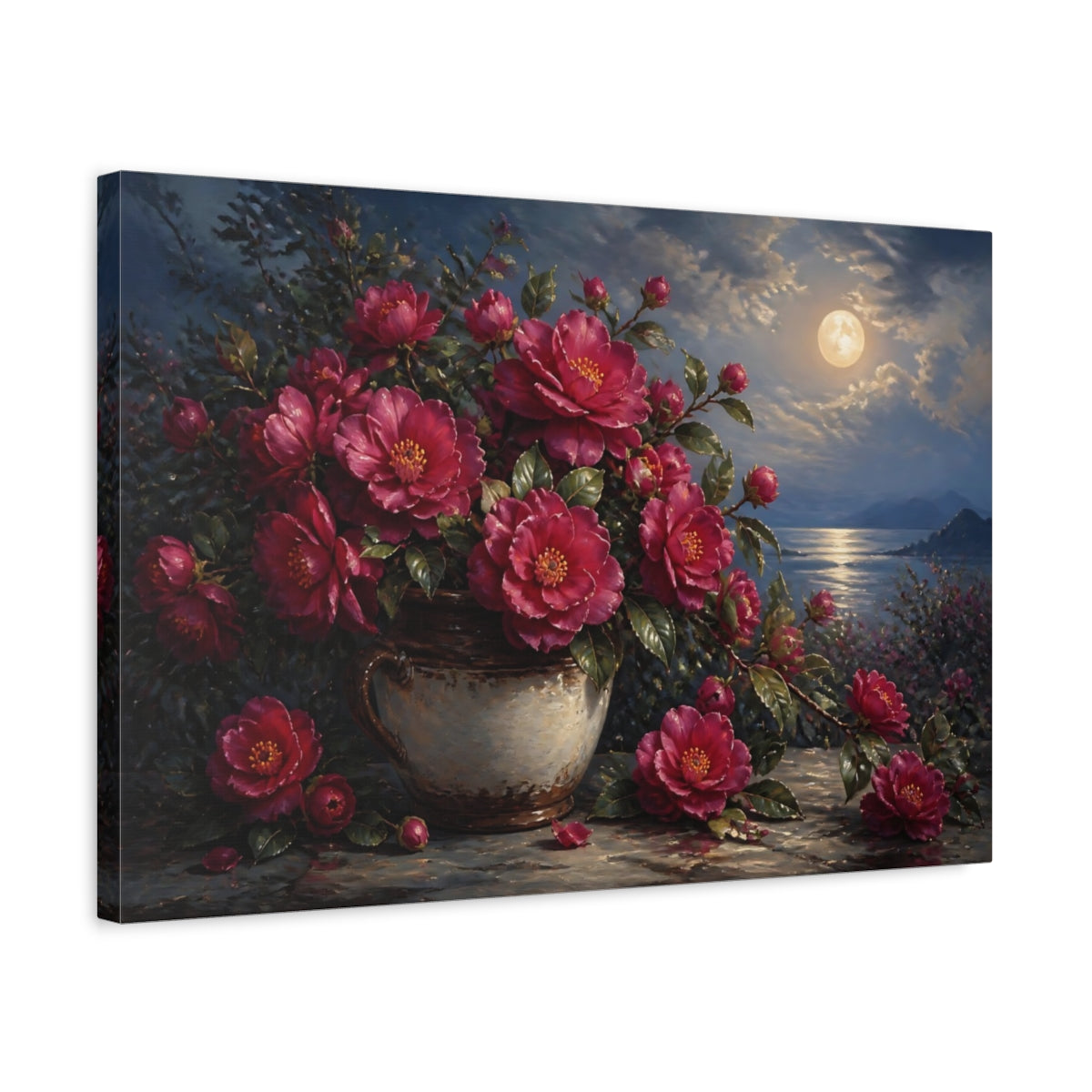 Side Mockup 3. Romantic Oil Painting Plum Camellias In Rustic Crock Under Moonlit Air shown as stretched canvas wall art