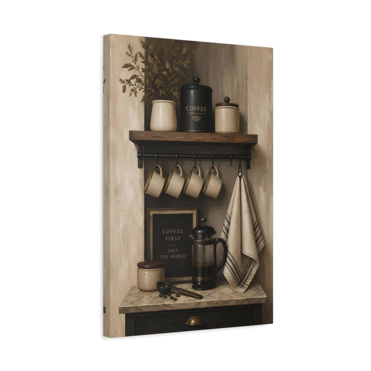 Side Mockup 3. Rustic Coffee Shelf shown as canvas print
