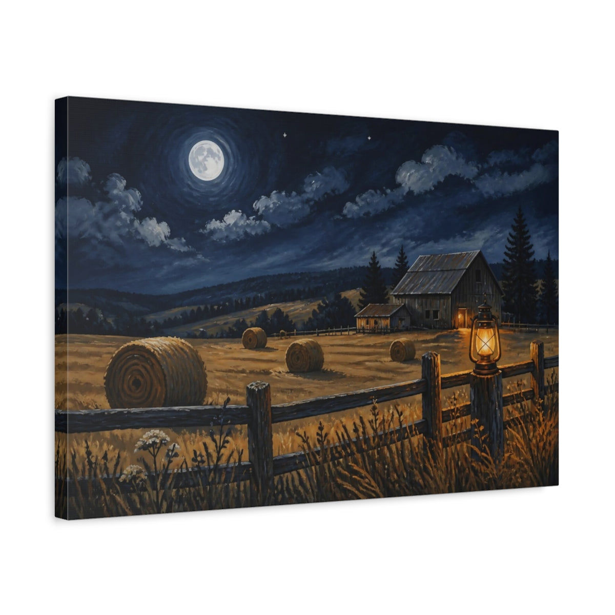 Side Mockup 3. Rustic Moonlit Barn shown as canvas print