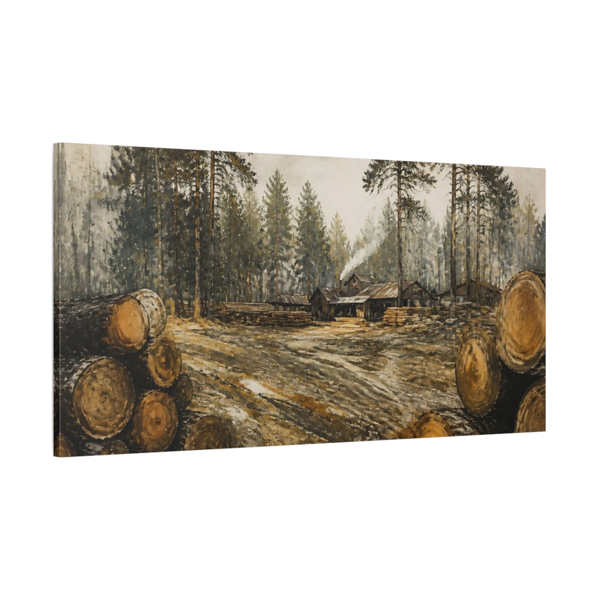 Side Mockup 2. Rustic Sawmill Scene shown as canvas print