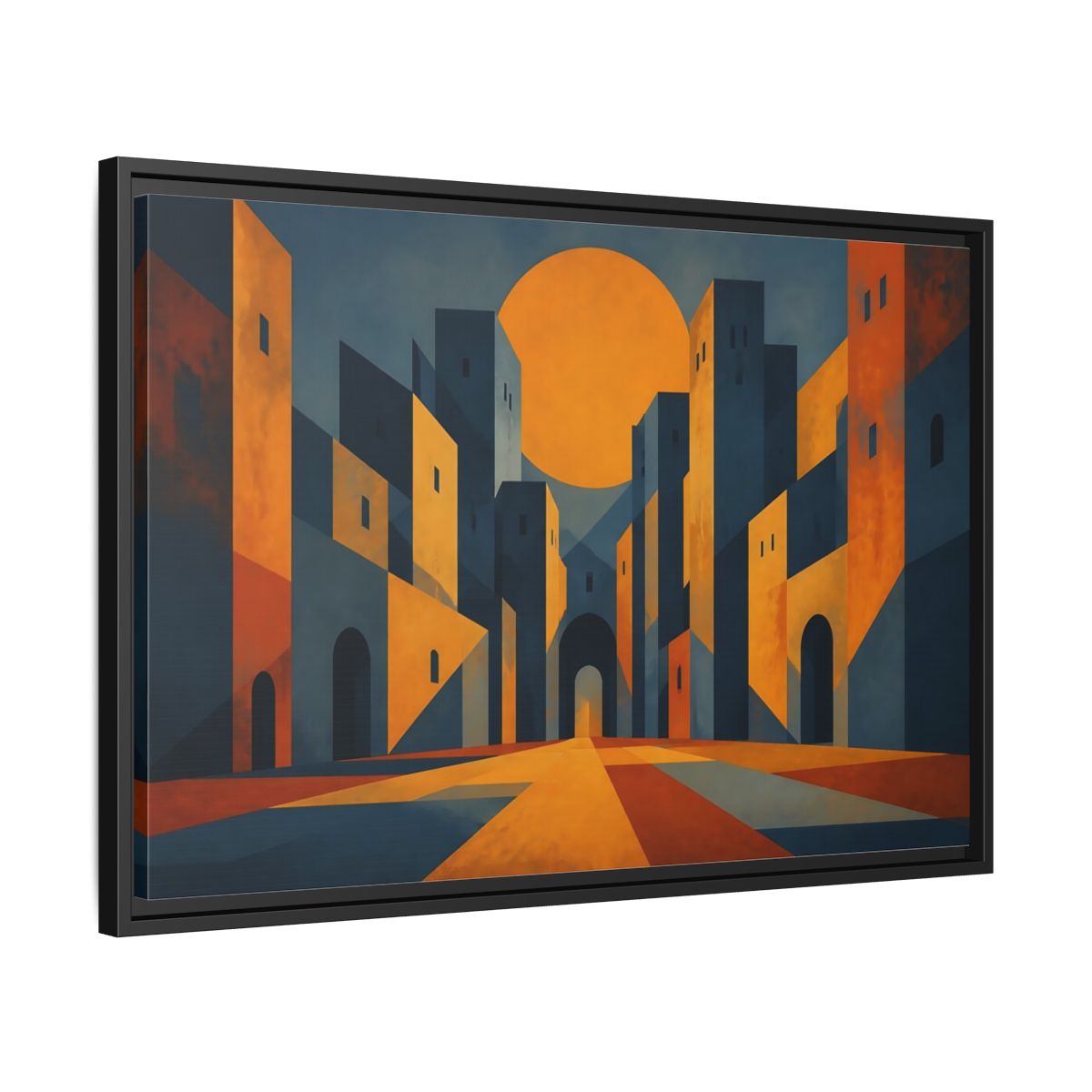 Side Mockup 14. Saffron Sun Courtyard shown as framed canvas print