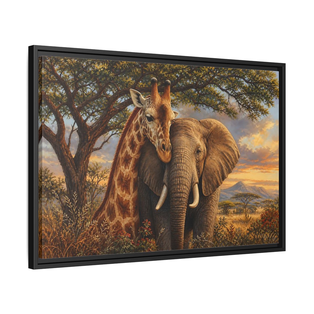Side Mockup 14. Savanna Companions At Sunset shown as framed canvas print