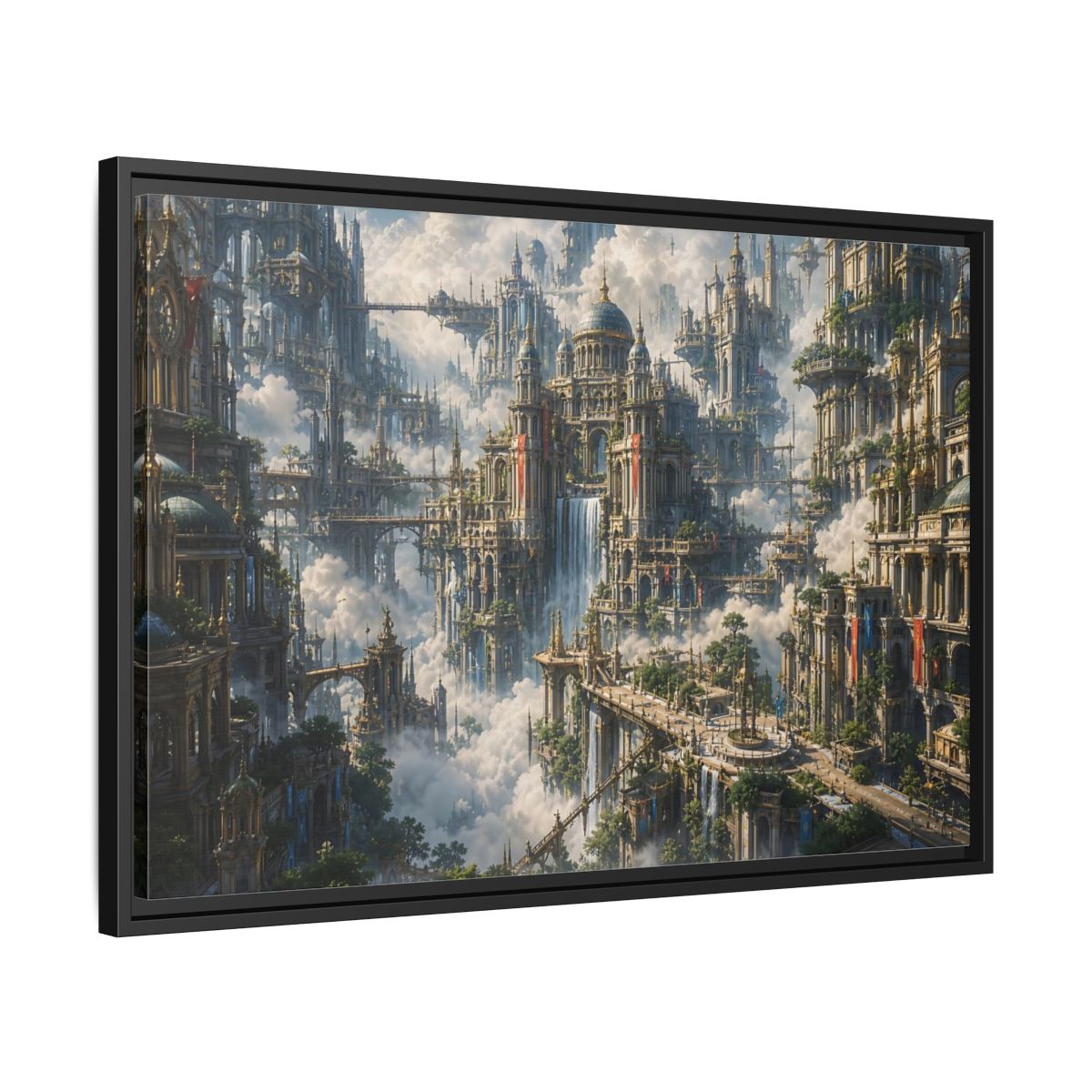 Side Mockup 14. Science Fiction Floating City Cloud Cityscape shown as stretched canvas wall art