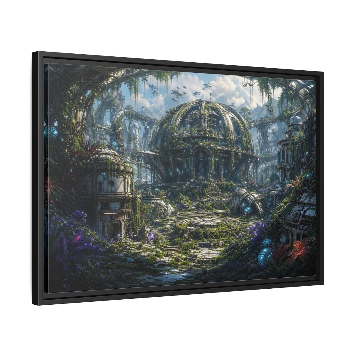Side Mockup 14. Science Fiction Futuristic City Green And Grey City shown as stretched canvas wall art