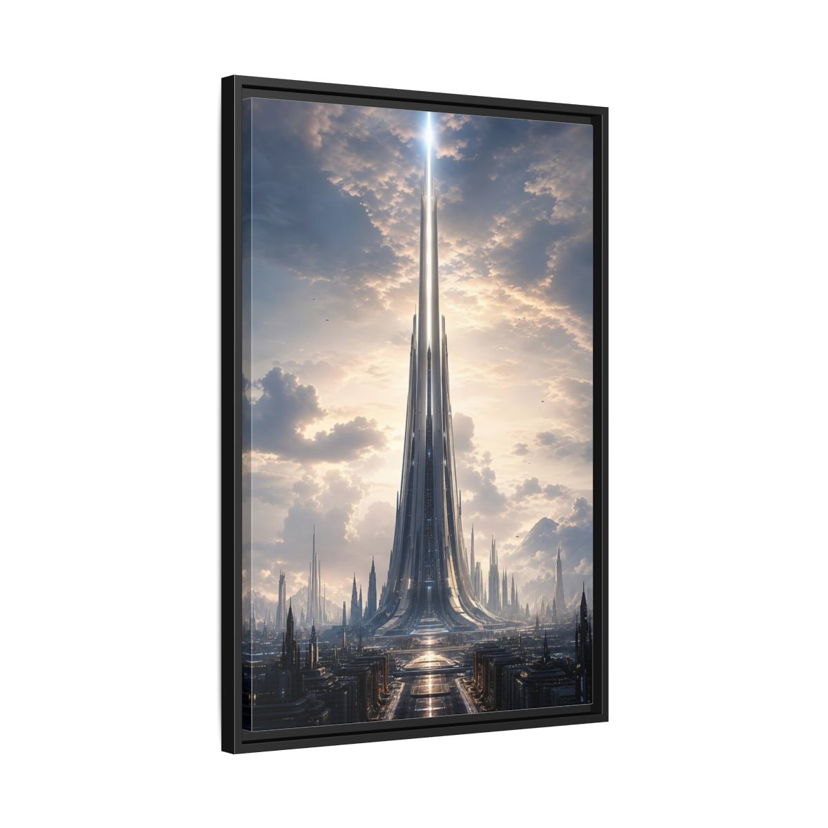 Science Fiction Futuristic Cityscape Framed Canvas Wall Art - Living Room, Above Fireplace shown as canvas wall art