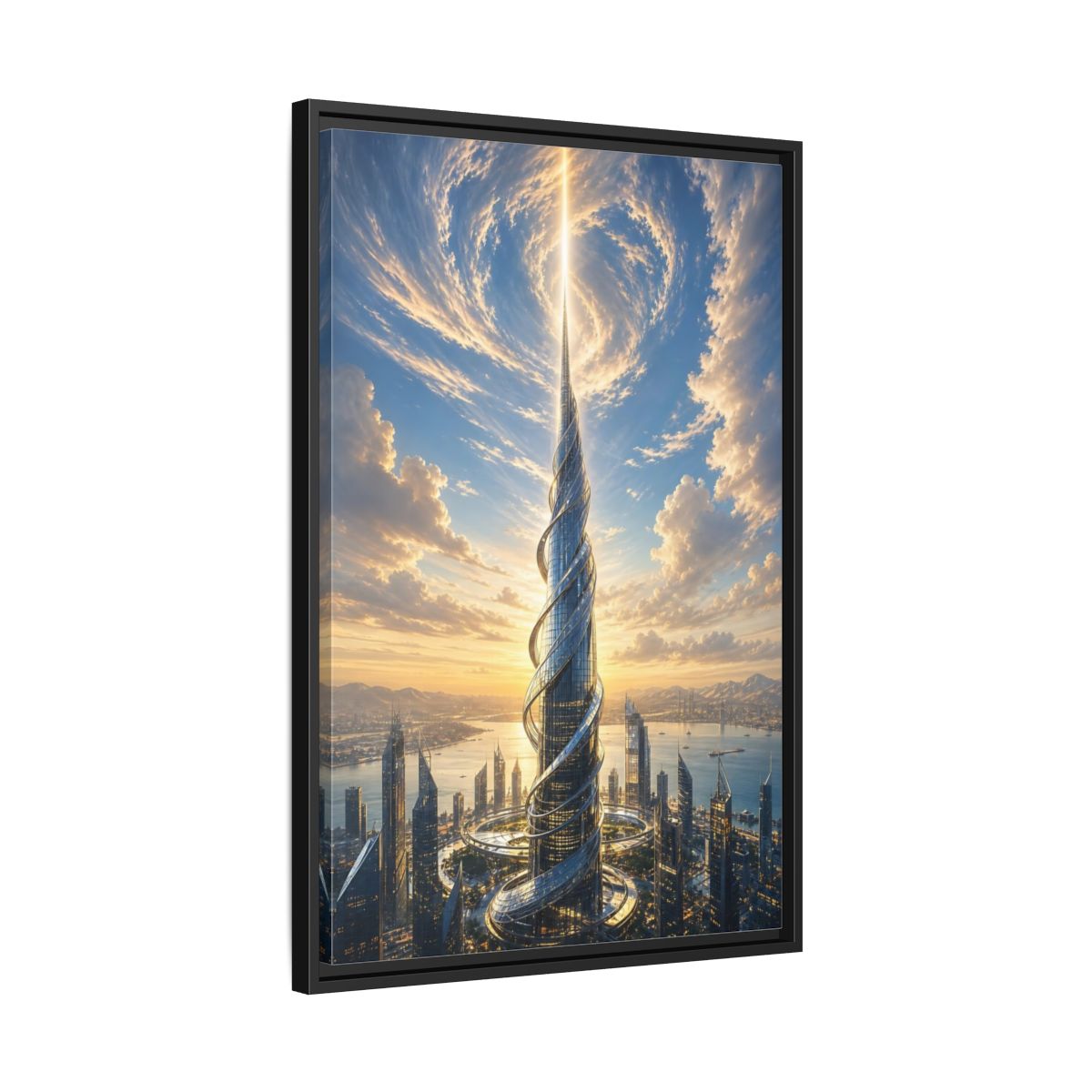 Science Fiction Futuristic Skyscraper City Sunset Framed Canvas Wall Art - Living Room, Above Console Table shown as canvas wall art
