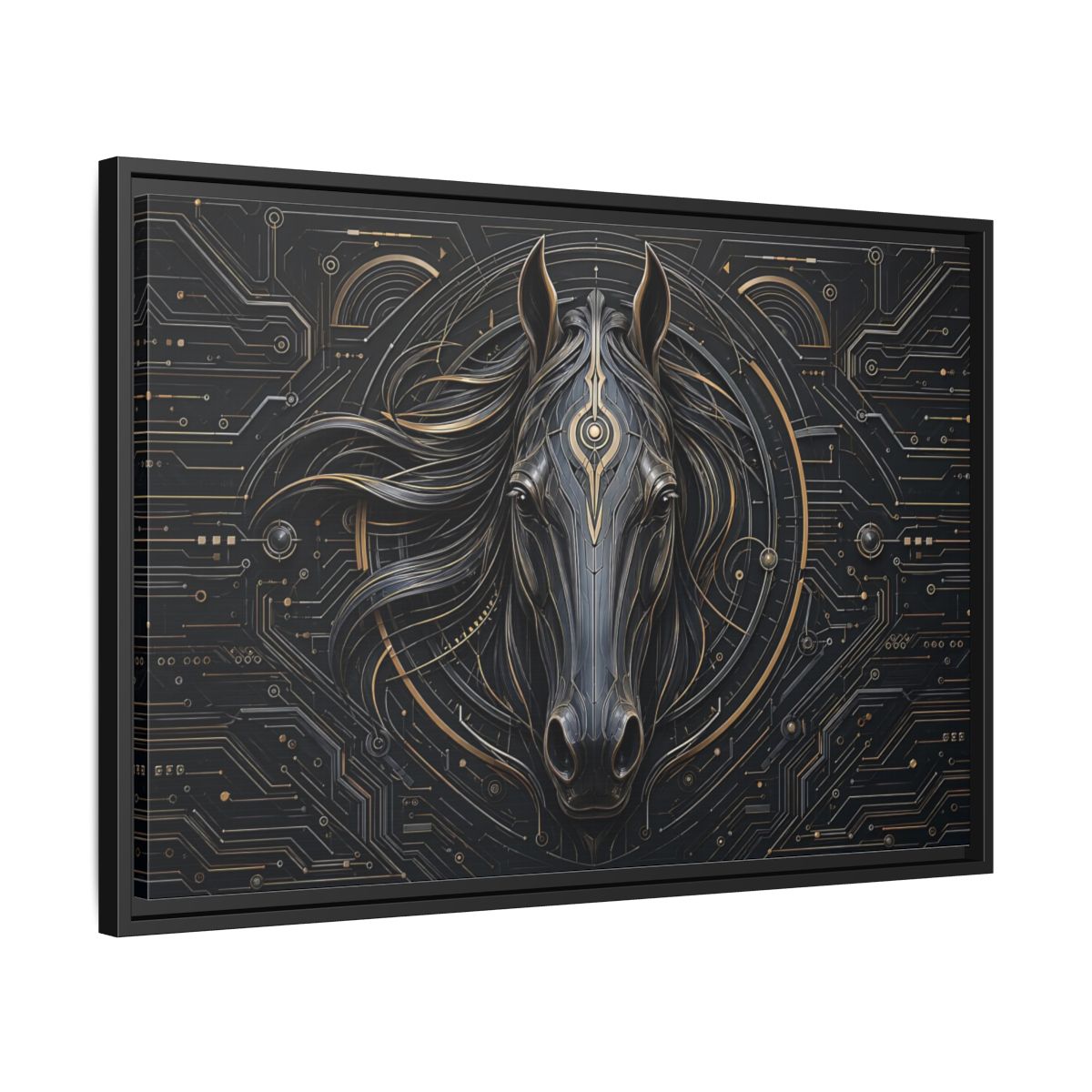 Side Mockup 14. Science Fiction Mechanical Horse Black And Gold shown as stretched canvas wall art