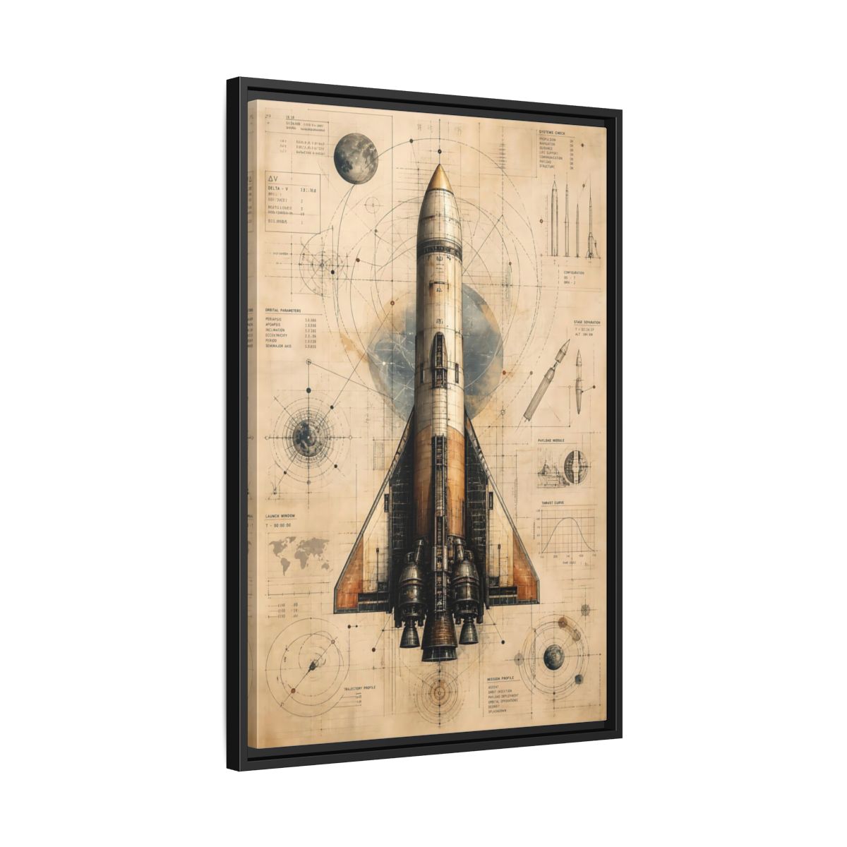 Science Fiction Rocket Retro Space Blueprint Framed Canvas Wall Art - Vintage Decor for Office, Workspace Wall shown as canvas wall art