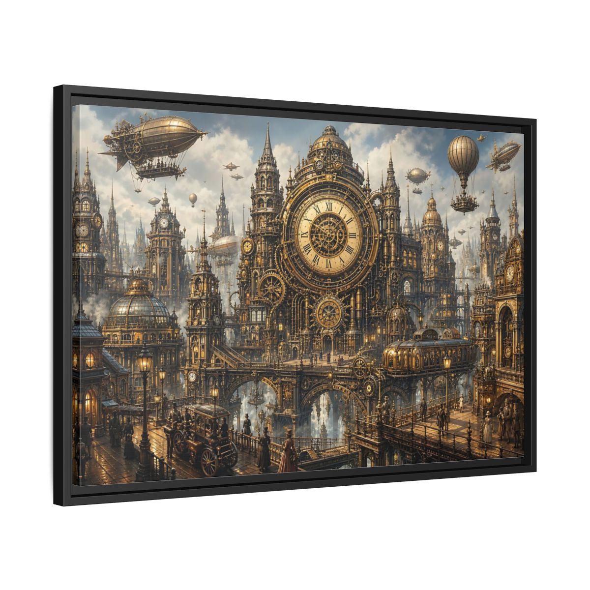 Side Mockup 14. Science Fiction Steampunk City Golden Steampunk Cityscape shown as stretched canvas wall art