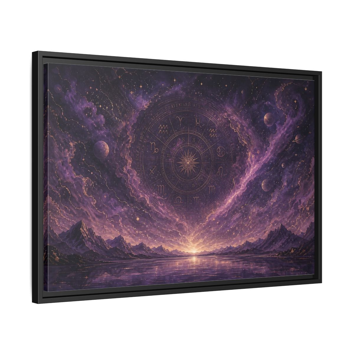 Side Mockup 14. Science Fiction Zodiac Wheel Purple Gold Cosmos shown as stretched canvas wall art