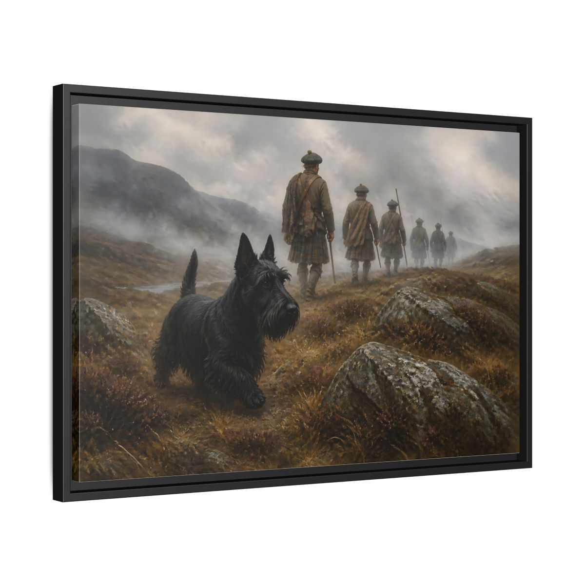 Side Mockup 14. Scottish Terrier And Highlanders shown as framed canvas print