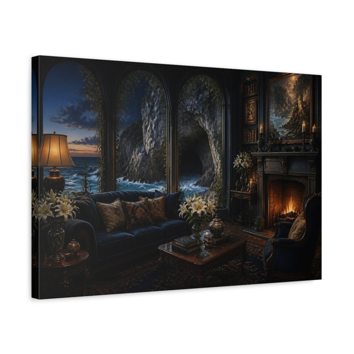 Side Mockup 3. Sea Cave Living Room View shown as canvas print