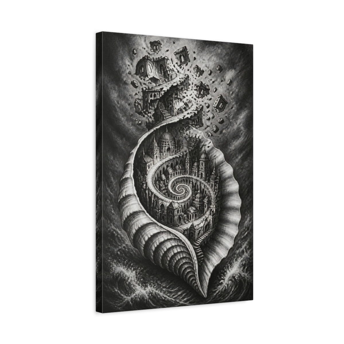 Side Mockup 3. Seashell City Illusion shown as canvas print