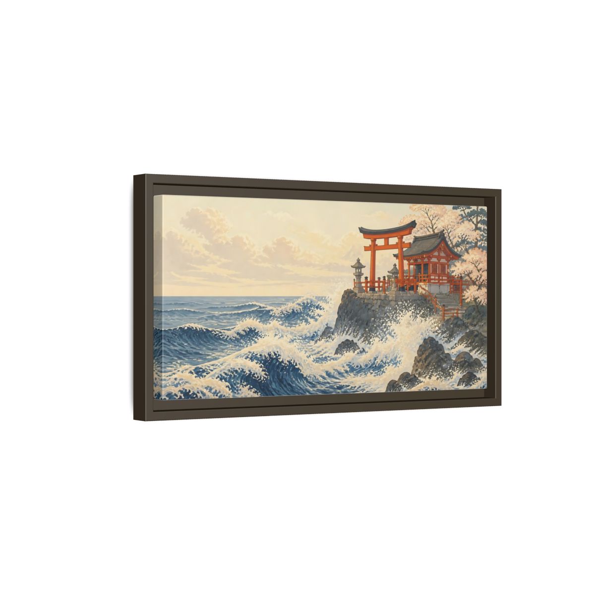 Side Mockup 7. Seaside Torii And Waves shown as framed canvas print