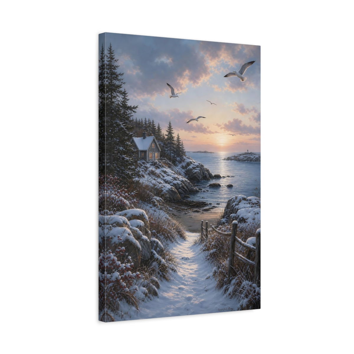 Side Mockup 3. Seaside Winter Sunrise shown as canvas print