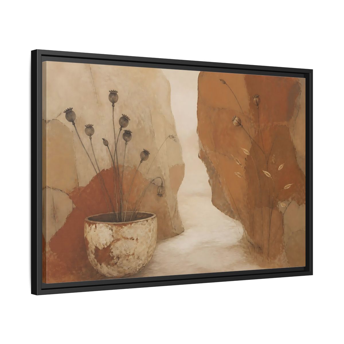 Side Mockup 14. Seedpods In Aged Vessel shown as framed canvas print
