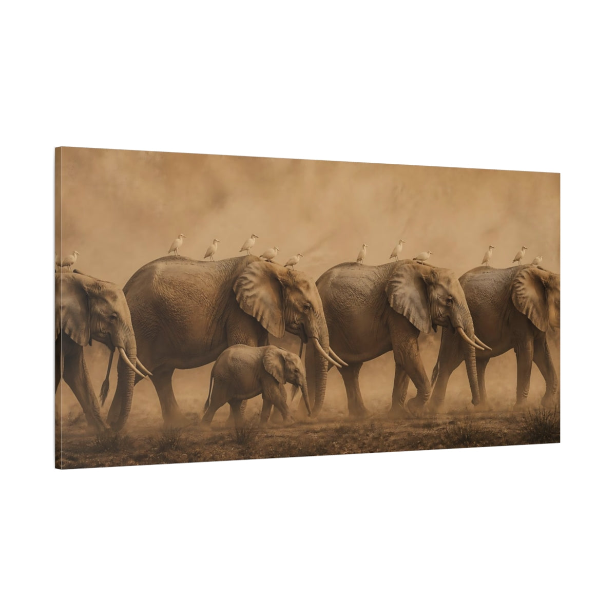 Side Mockup 2. Sepia Elephant Herd With Birds shown as canvas print