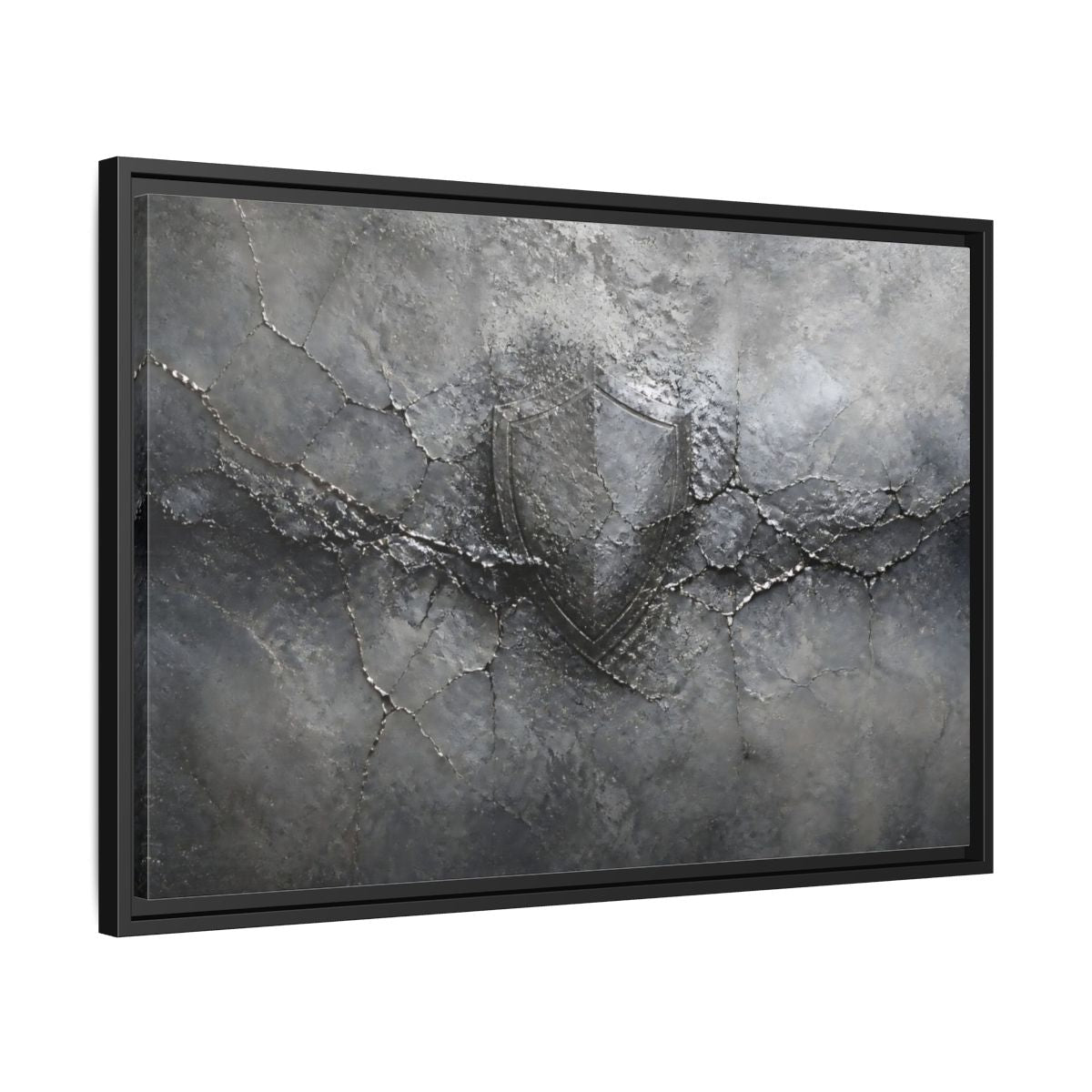 Side Mockup 14. Shield In Cracked Concrete shown as framed canvas print