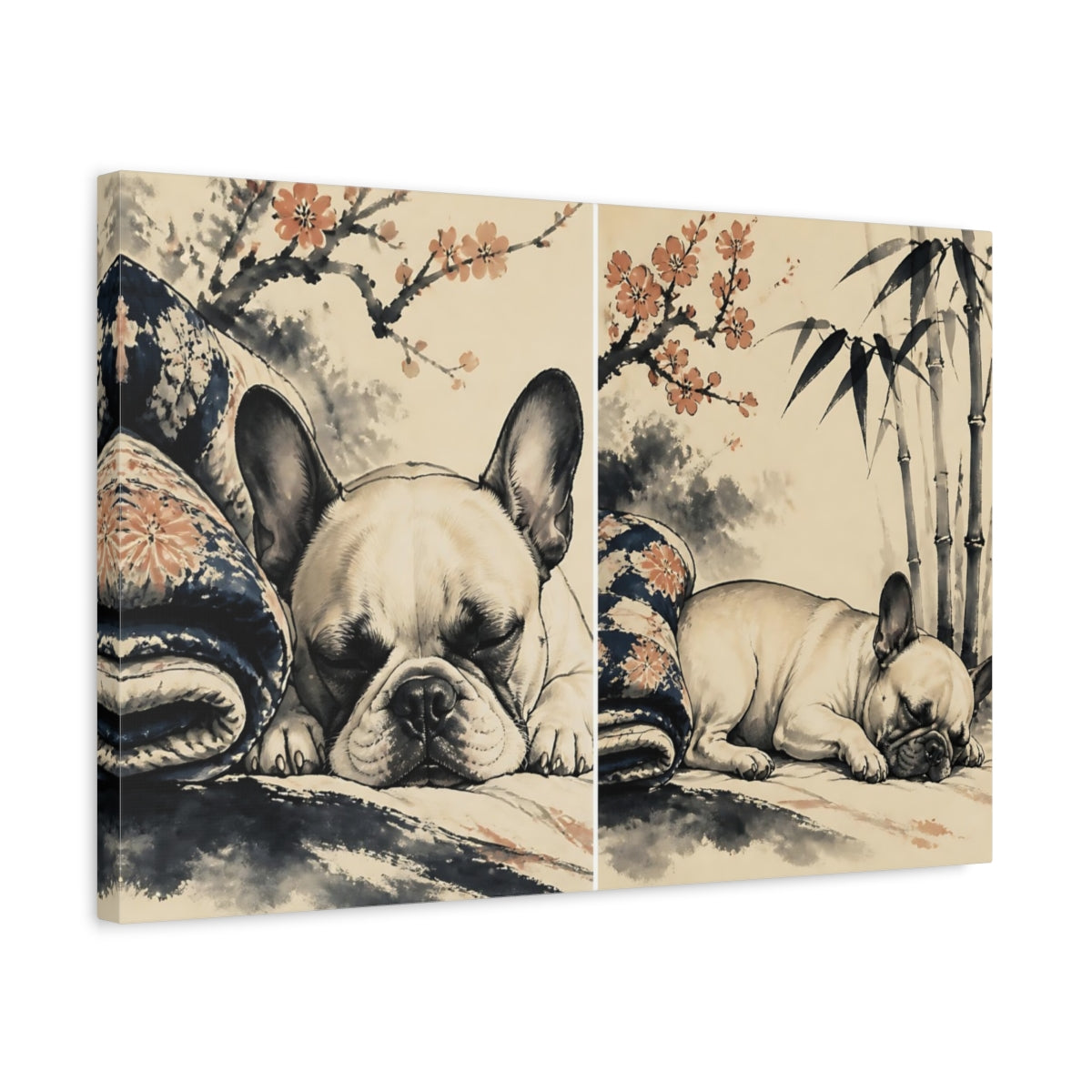Side Mockup 3. Sleeping French Bulldog Pets shown as canvas print