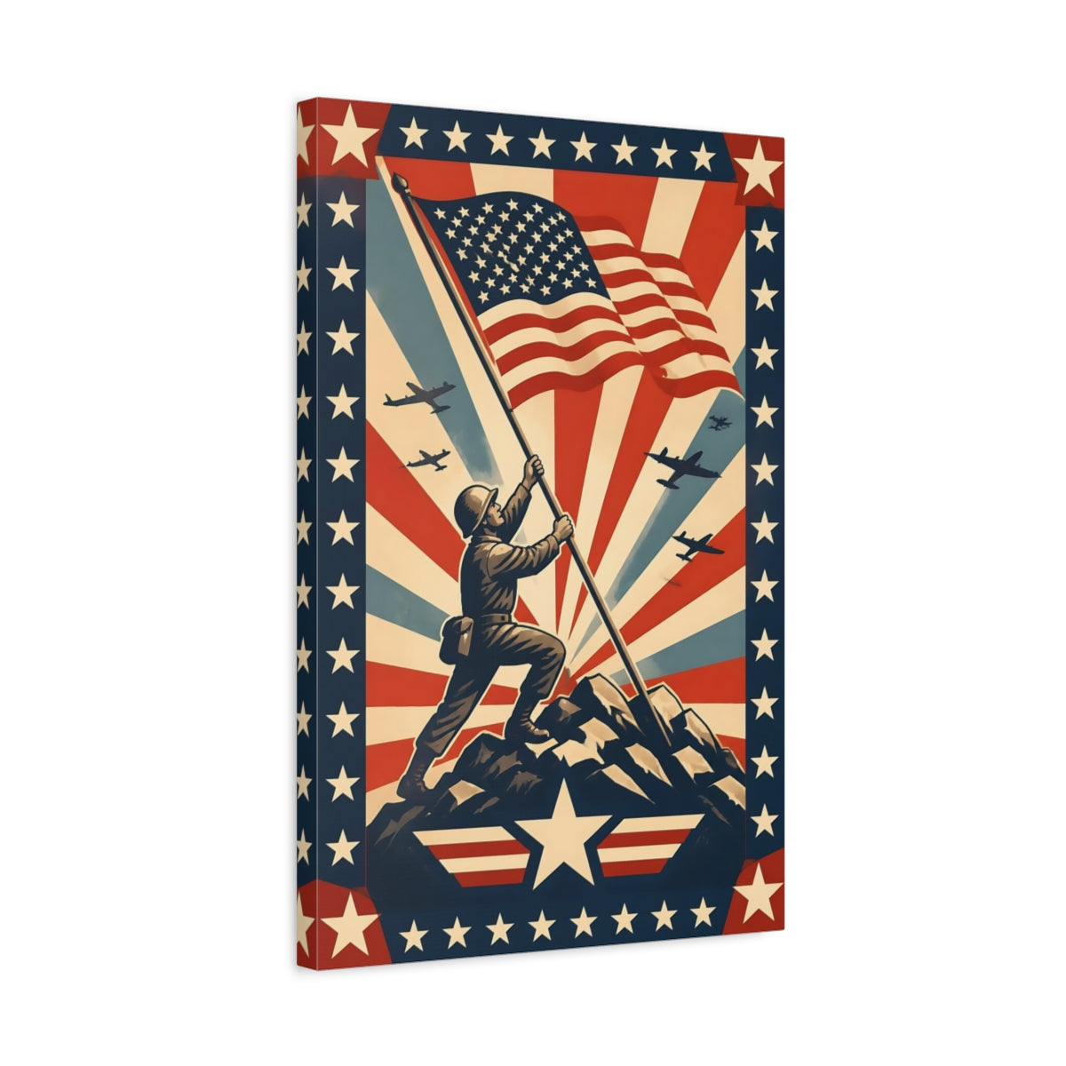 Side Mockup 3. Soldier Raising American Flag shown as canvas print
