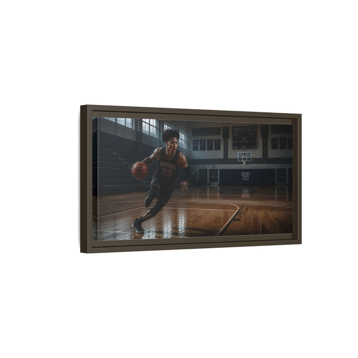 Side Mockup 7. Solo Court Charge shown as framed canvas print