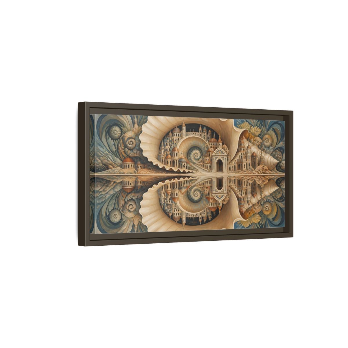 Side Mockup 7. Spiral Seashell City shown as framed canvas print