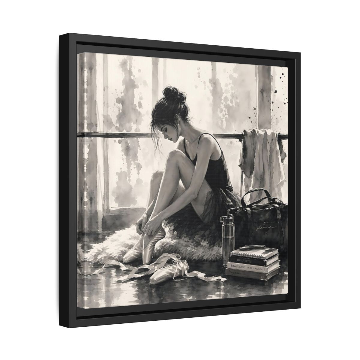 Side Mockup 32. Sports Ballerina Monochrome Ballerina shown as framed canvas print