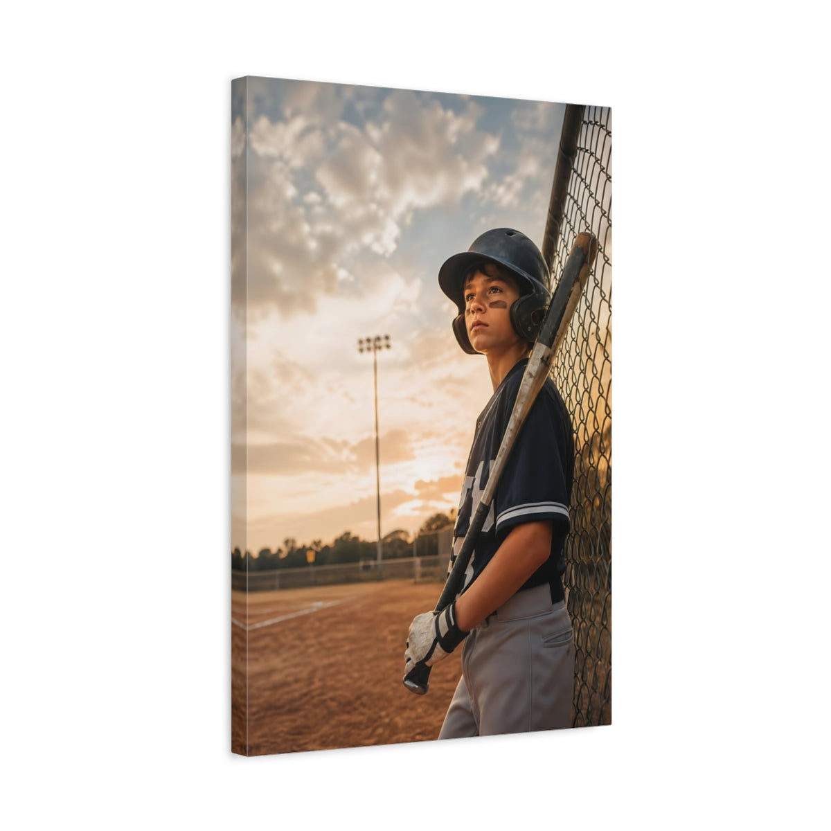 Side Mockup 3. Sports Baseball Player Baseball Player Sunset shown as canvas print