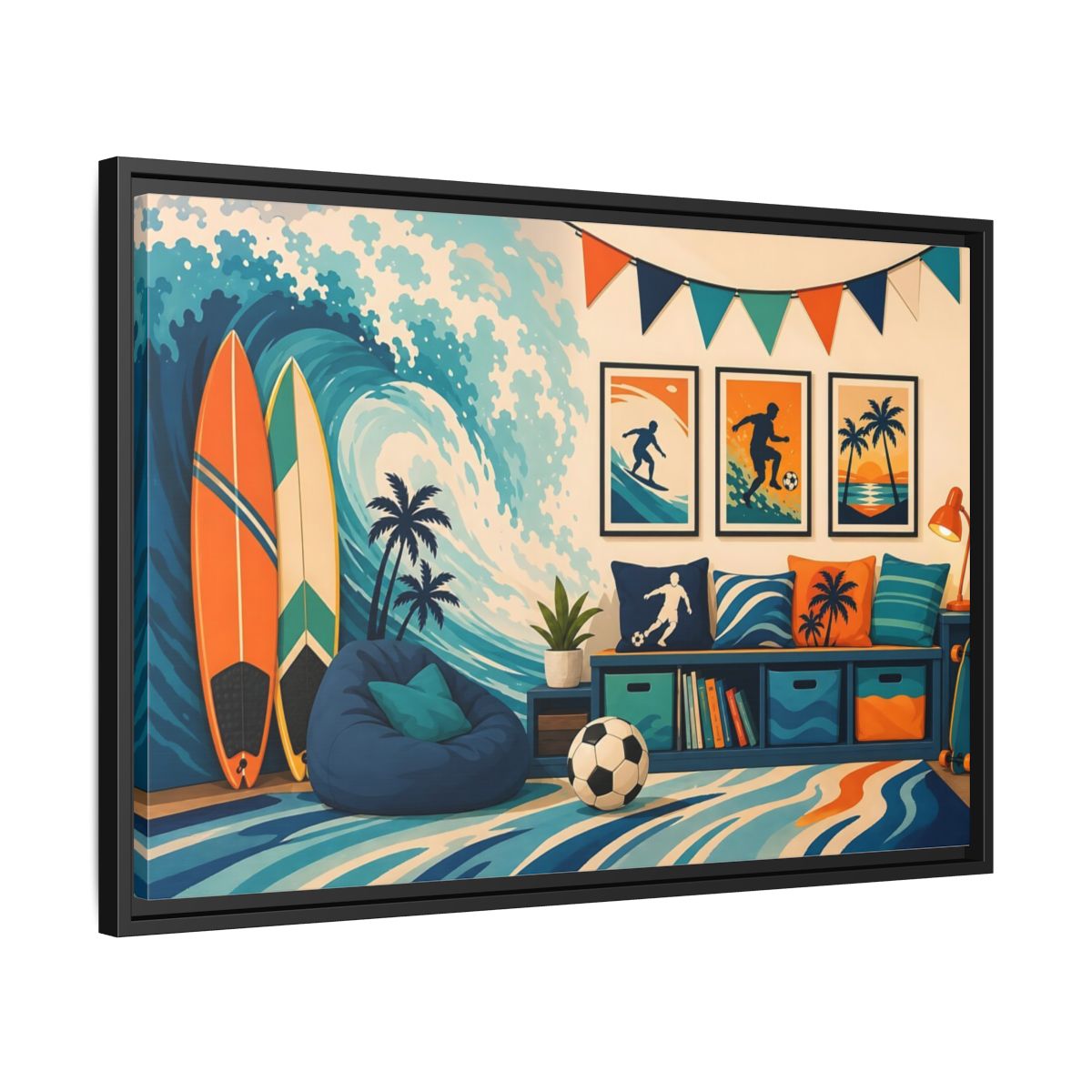Side Mockup 14. Sports Beach Sports Scene Blue Orange Sports shown as framed canvas print