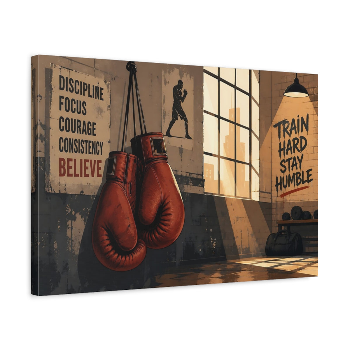 Side Mockup 3. Sports Boxing Gloves Brown And Orange shown as canvas print