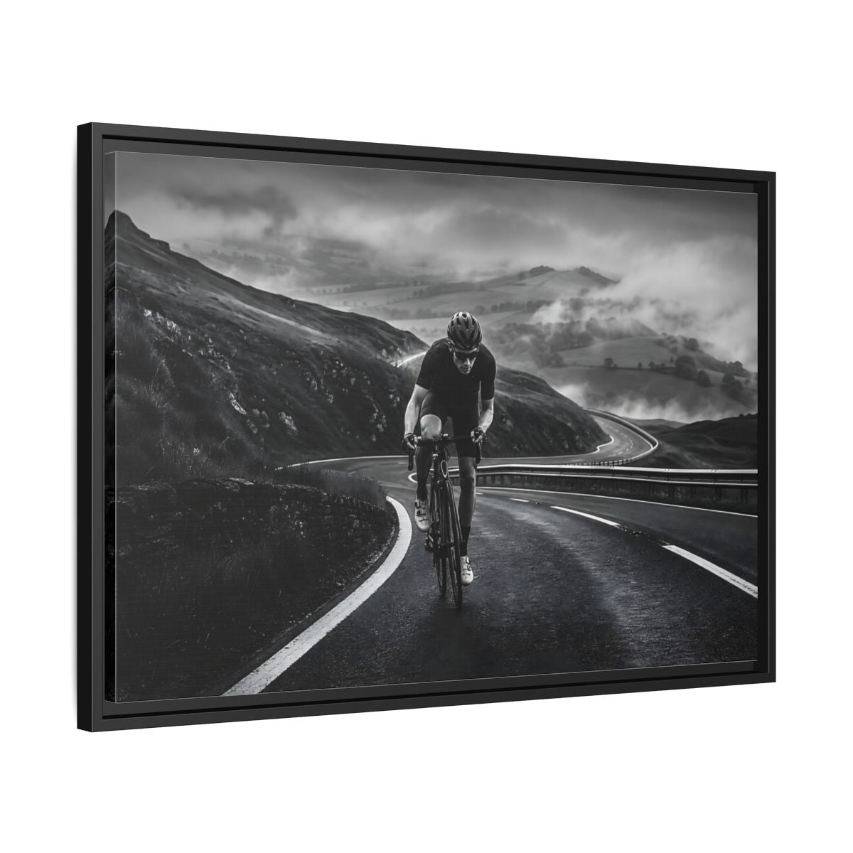 Side Mockup 14. Sports Cyclist Black And White Cycling shown as framed canvas print