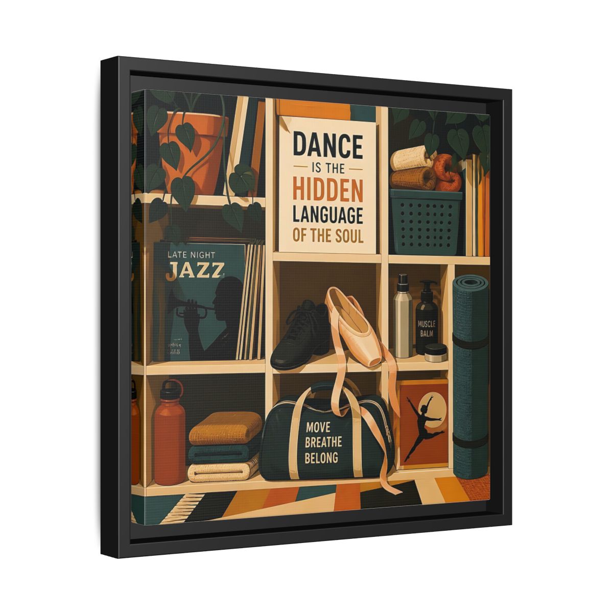 Side Mockup 32. Sports Dance & Yoga Teal Orange shown as framed canvas print