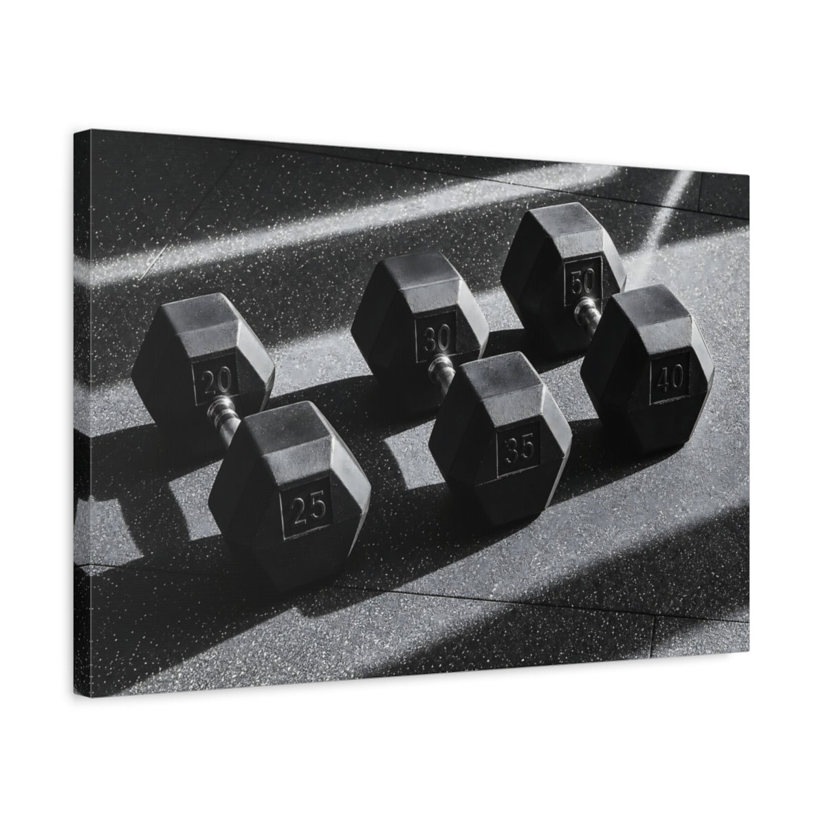 Side Mockup 3. Sports Dumbbells Black And White shown as canvas print