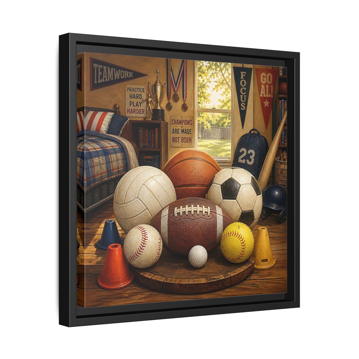 Side Mockup 32. Sports Sports Equipment Sports Room Decor shown as framed canvas print