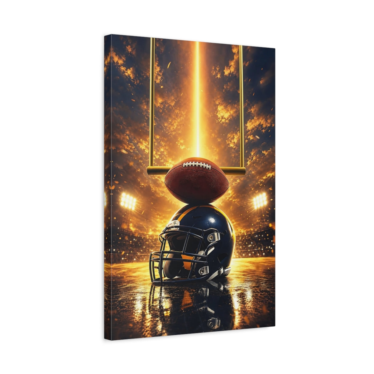 Side Mockup 3. Sports Football Helmet Gold And Blue shown as canvas print