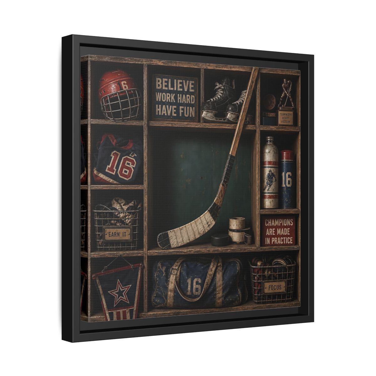 Side Mockup 32. Sports Hockey Gear Vintage Hockey shown as framed canvas print
