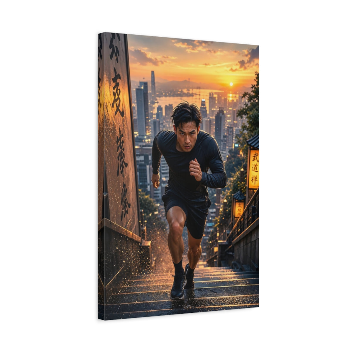 Side Mockup 3. Sports Man Running Orange Black Run shown as canvas print