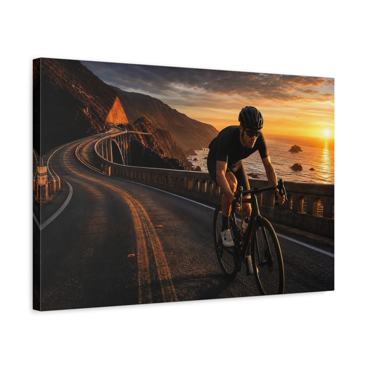Side Mockup 3. Sports Road Cyclist Coastal Cycling Sunset shown as canvas print
