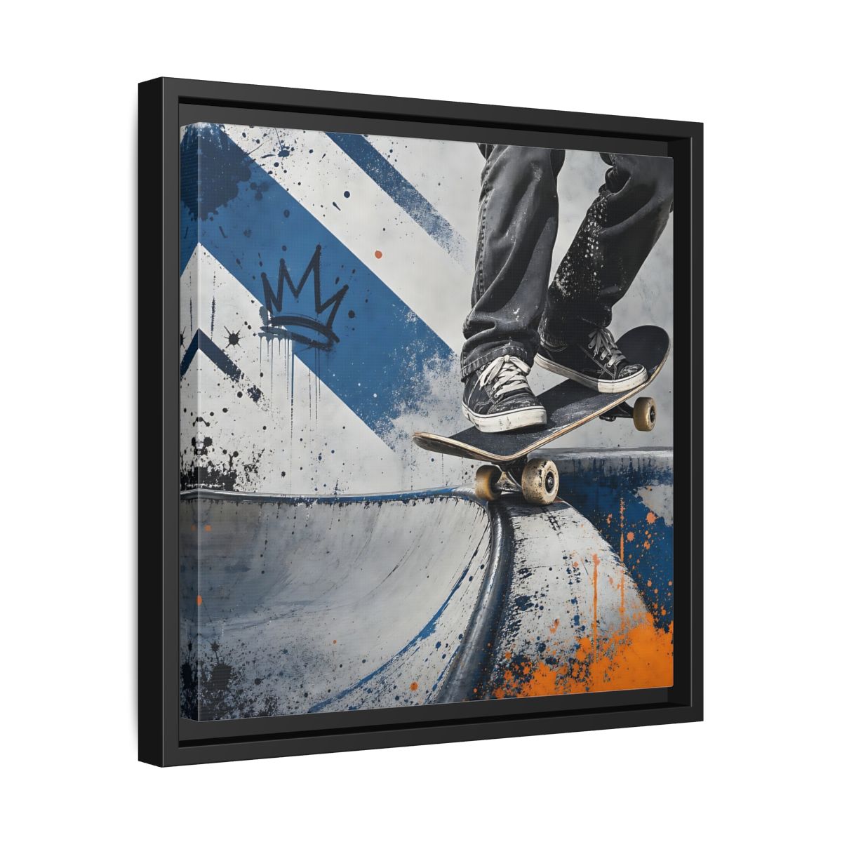 Side Mockup 32. Sports Skateboarder Skateboarder Blue Orange shown as framed canvas print