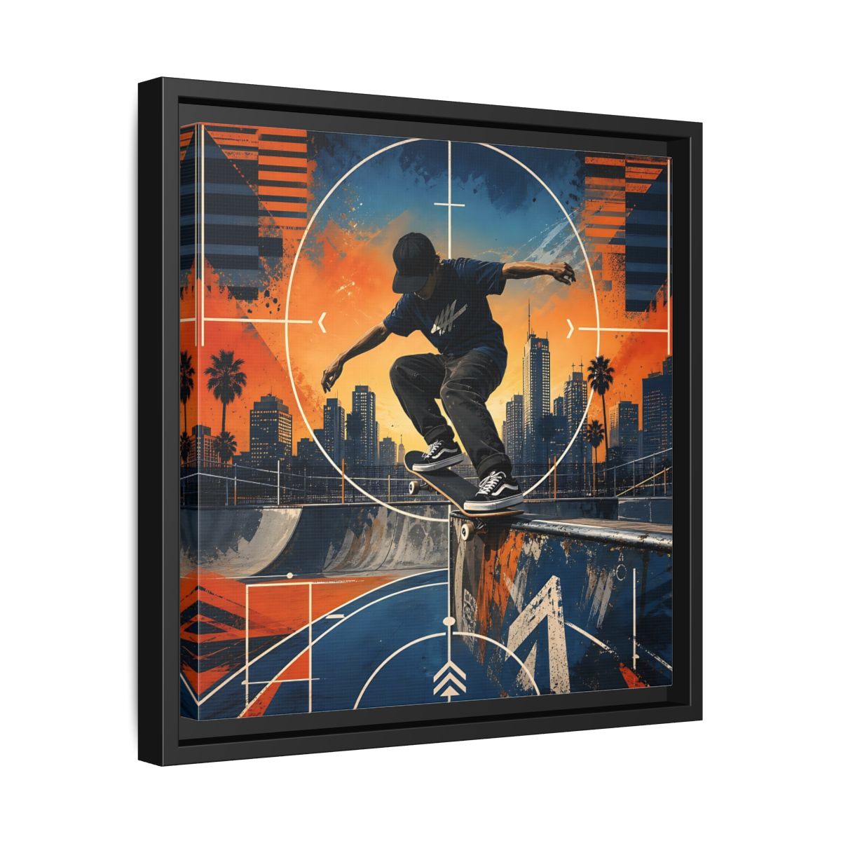 Side Mockup 32. Sports Skateboarder Skateboarder City Orange Blue shown as framed canvas print