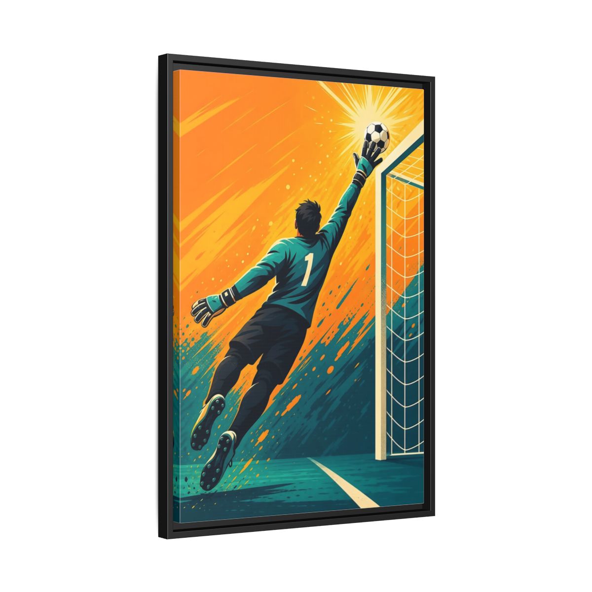 Side Mockup 14. Sports Soccer Goalkeeper Soccer Goalkeeper Orange And Teal shown as framed canvas print