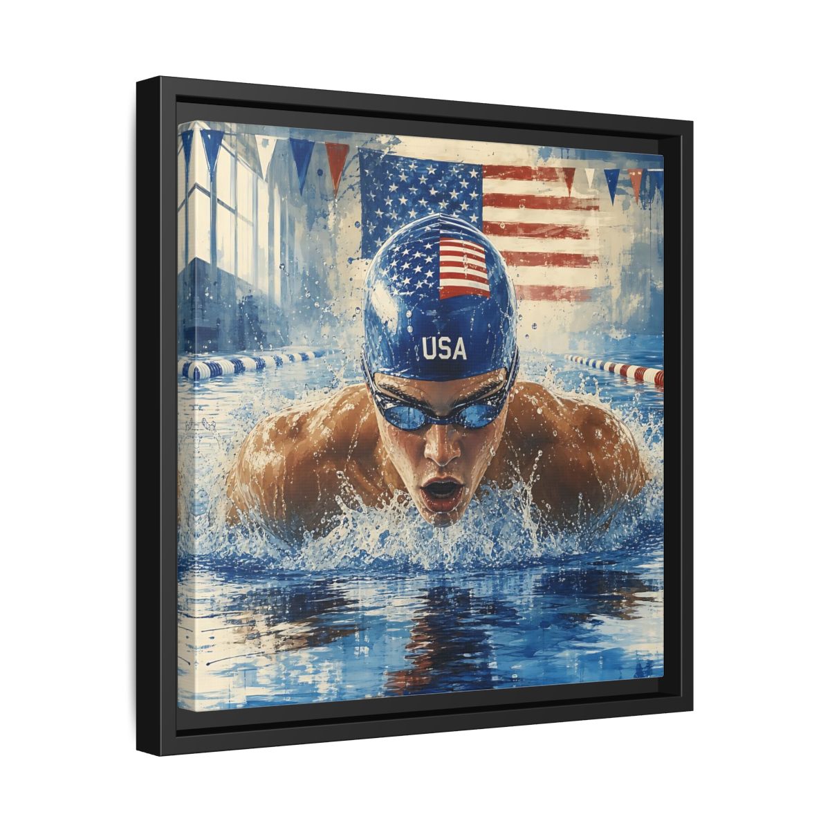 Side Mockup 32. Sports Swimmer Red White Blue shown as framed canvas print