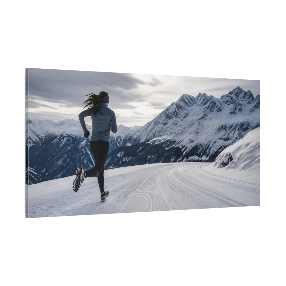 Side Mockup 2. Sports Winter Runner Snowy Mountain Running shown as canvas print